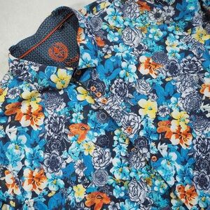 Au Noir Sz 8 (4XL) Floral Blue and Orange Casual Shirt 100% Mercerised Cotton